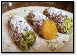 (Cannoli with Homemade Cannoli Shells, Ricotta Filling, Orange Marmalade and Pistachios - Photo by Factory Kitchen)